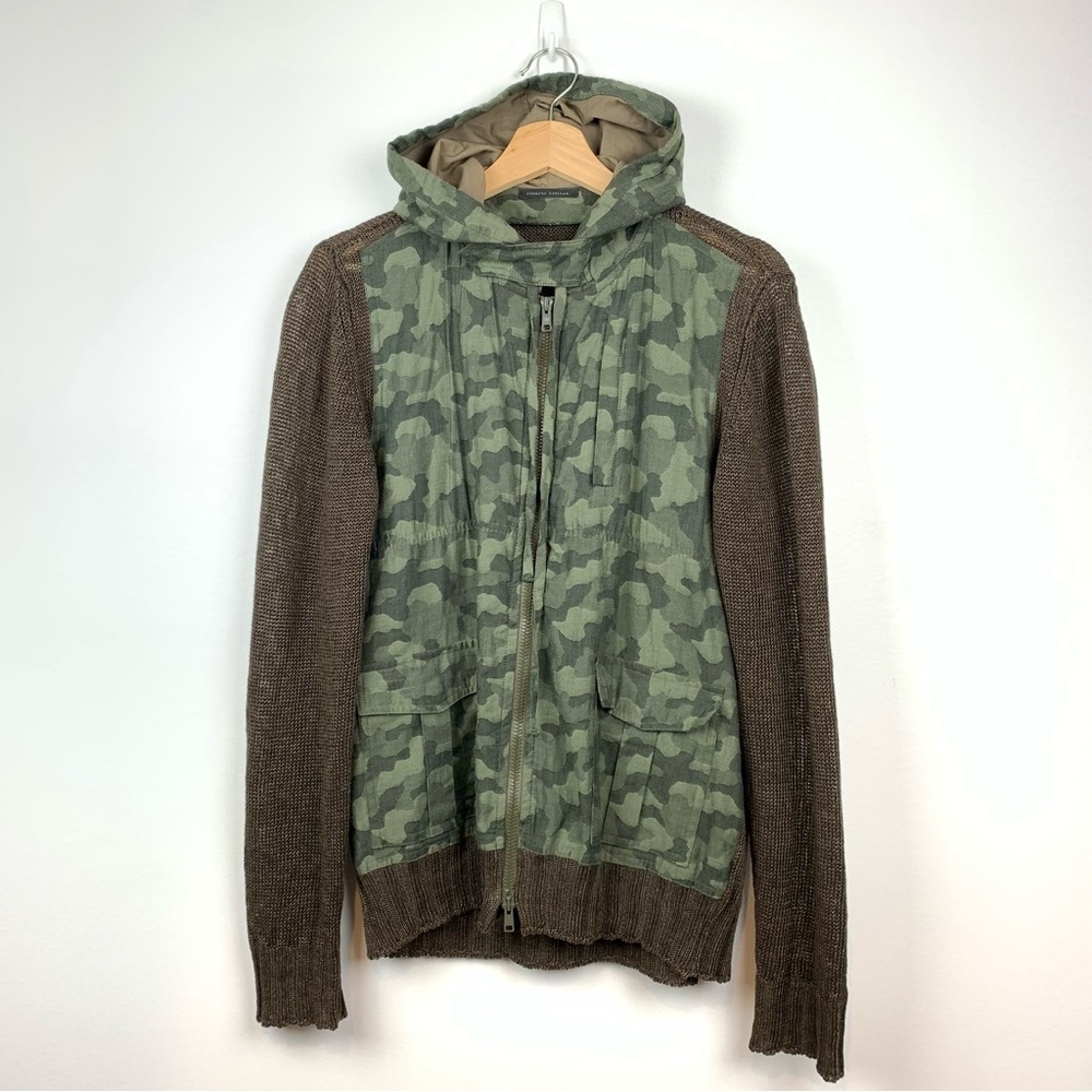Roberto Collina Cardigan Full Zip Mesh Camo Green Brown Linen Hood Sz 50 Italy